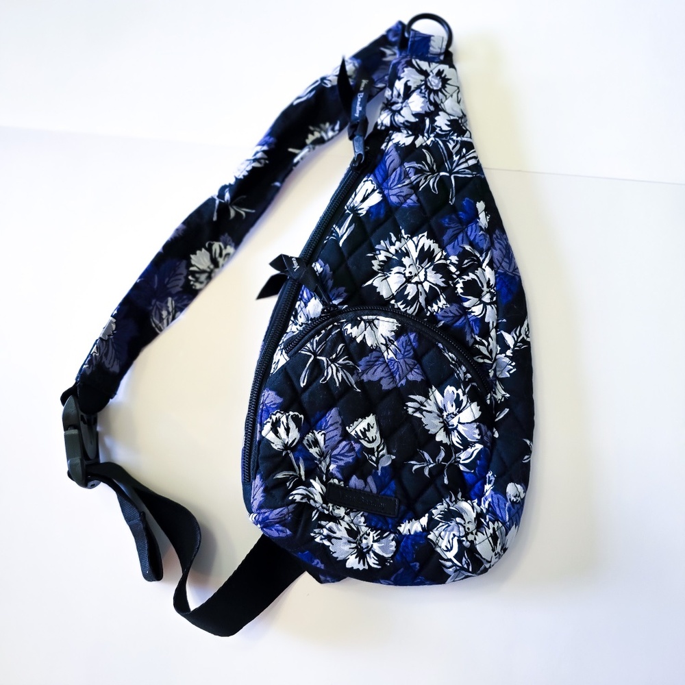 Vera Bradley Quilted Sling Backpack – Black, Purple, Gray & White | Like New